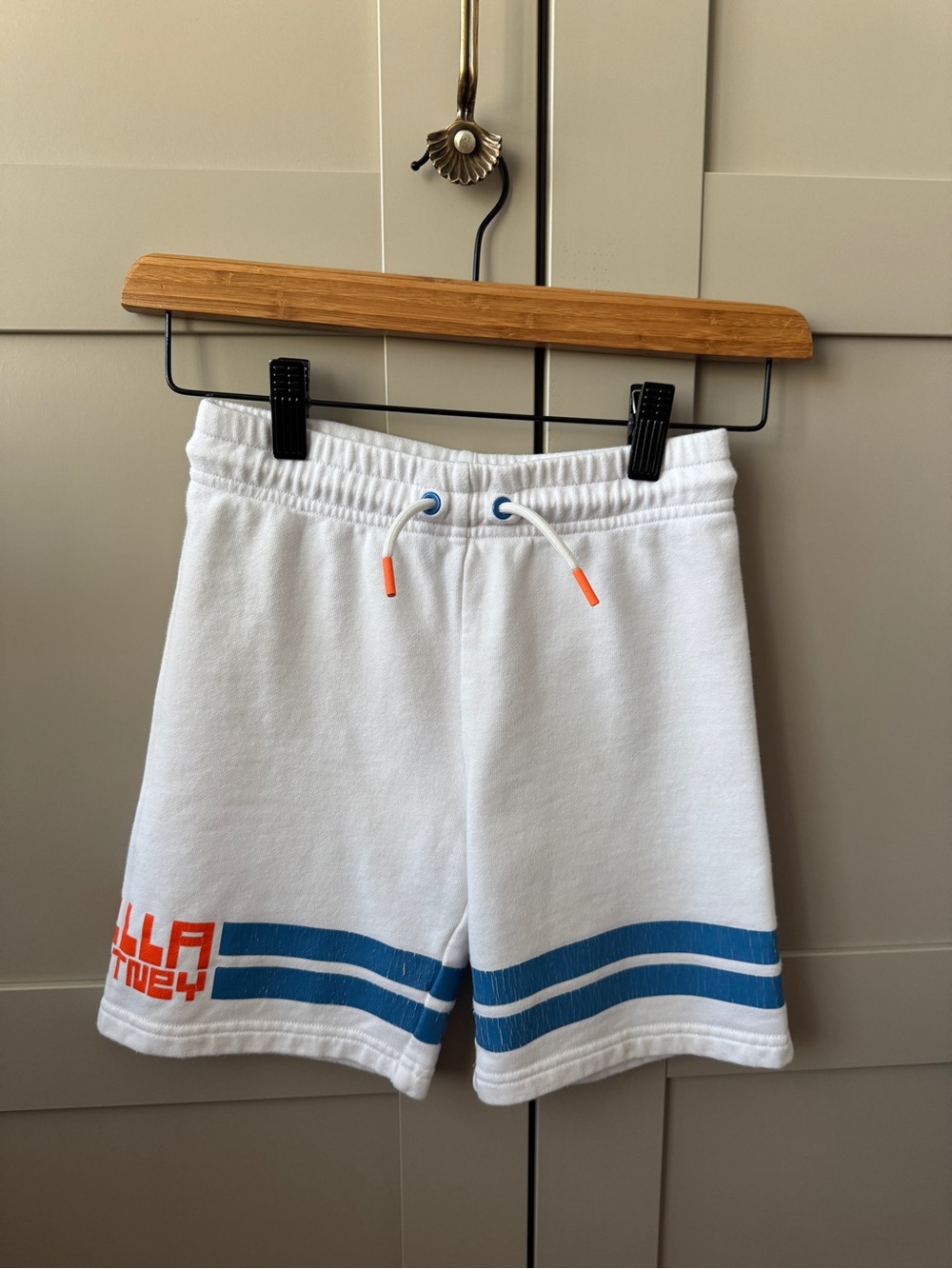 Stella McCartney Kids White 100% Cotton Sporty Athletic Shorts with Blue Stripes